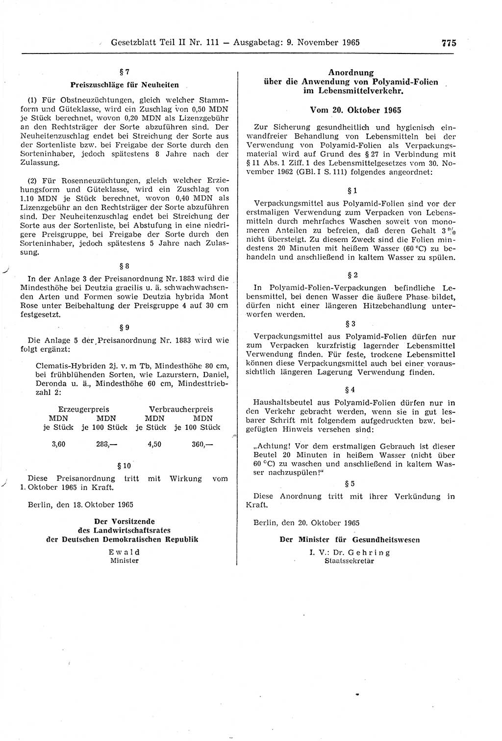 Gesetzblatt (GBl.) der Deutschen Demokratischen Republik (DDR) Teil ⅠⅠ 1965, Seite 775 (GBl. DDR ⅠⅠ 1965, S. 775)