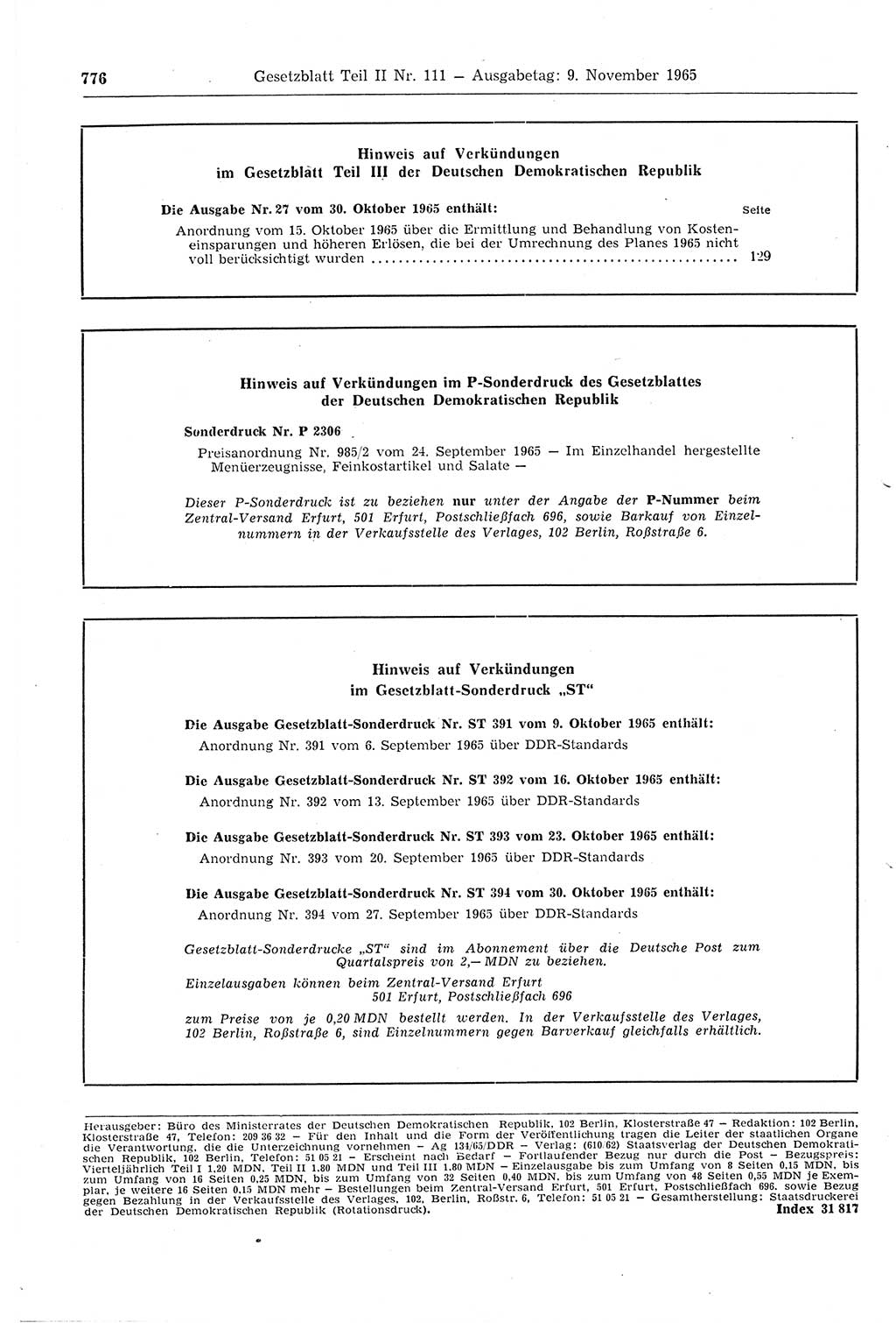 Gesetzblatt (GBl.) der Deutschen Demokratischen Republik (DDR) Teil ⅠⅠ 1965, Seite 776 (GBl. DDR ⅠⅠ 1965, S. 776)