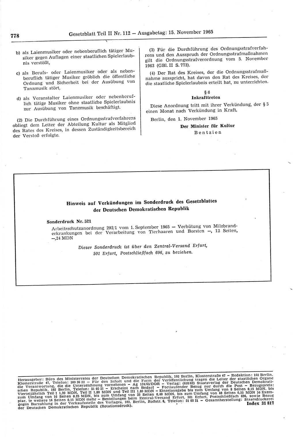 Gesetzblatt (GBl.) der Deutschen Demokratischen Republik (DDR) Teil ⅠⅠ 1965, Seite 778 (GBl. DDR ⅠⅠ 1965, S. 778)