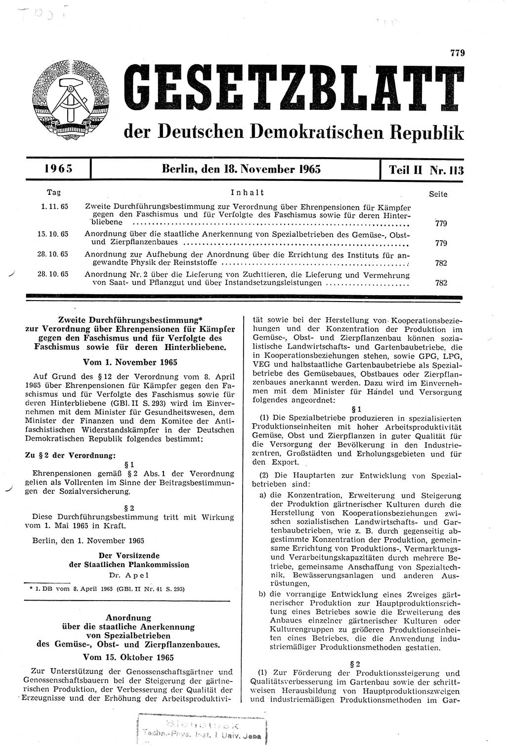 Gesetzblatt (GBl.) der Deutschen Demokratischen Republik (DDR) Teil ⅠⅠ 1965, Seite 779 (GBl. DDR ⅠⅠ 1965, S. 779)