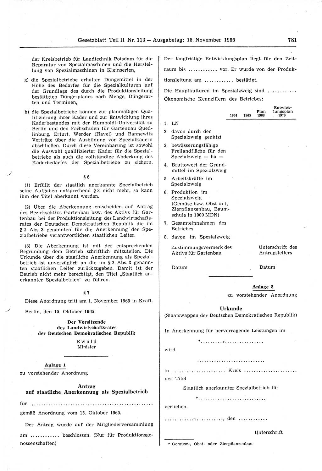 Gesetzblatt (GBl.) der Deutschen Demokratischen Republik (DDR) Teil ⅠⅠ 1965, Seite 781 (GBl. DDR ⅠⅠ 1965, S. 781)