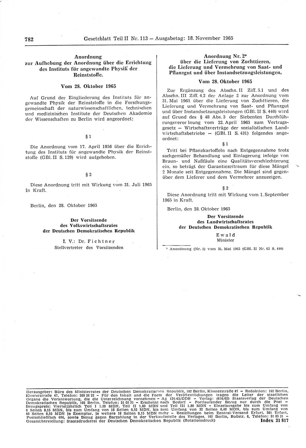 Gesetzblatt (GBl.) der Deutschen Demokratischen Republik (DDR) Teil ⅠⅠ 1965, Seite 782 (GBl. DDR ⅠⅠ 1965, S. 782)