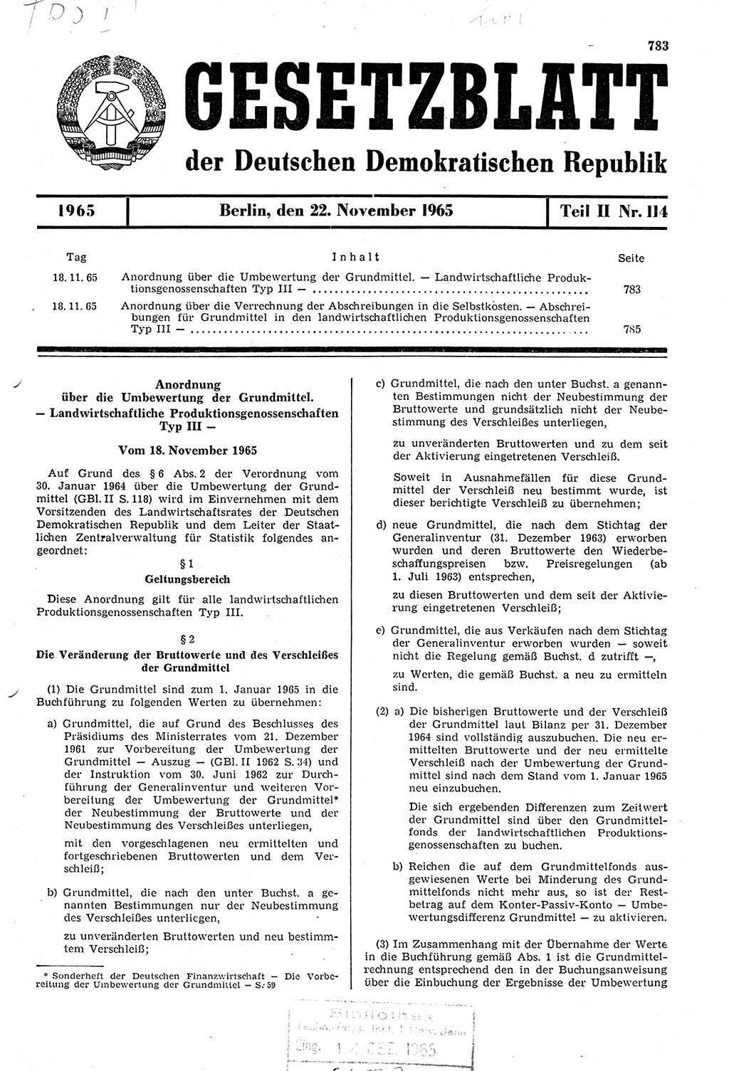 Gesetzblatt (GBl.) der Deutschen Demokratischen Republik (DDR) Teil ⅠⅠ 1965, Seite 783 (GBl. DDR ⅠⅠ 1965, S. 783)