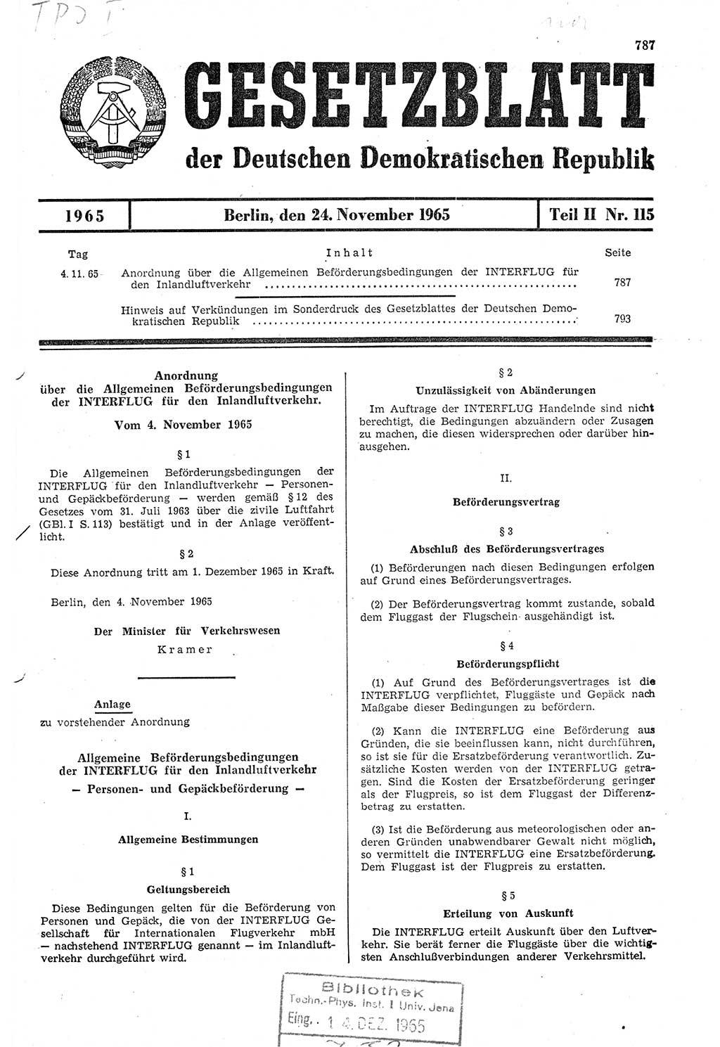 Gesetzblatt (GBl.) der Deutschen Demokratischen Republik (DDR) Teil ⅠⅠ 1965, Seite 787 (GBl. DDR ⅠⅠ 1965, S. 787)