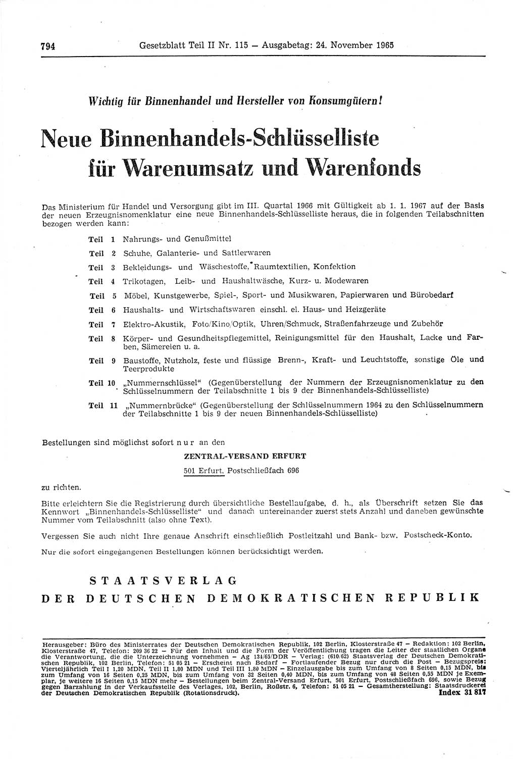 Gesetzblatt (GBl.) der Deutschen Demokratischen Republik (DDR) Teil ⅠⅠ 1965, Seite 794 (GBl. DDR ⅠⅠ 1965, S. 794)