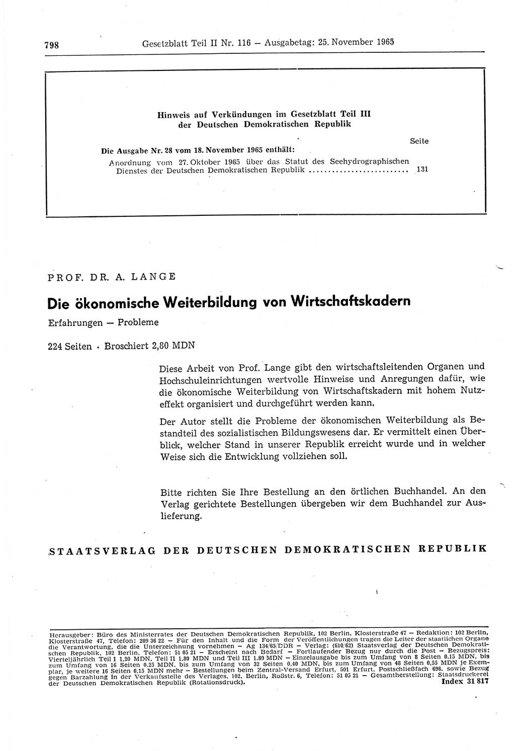 Gesetzblatt (GBl.) der Deutschen Demokratischen Republik (DDR) Teil ⅠⅠ 1965, Seite 798 (GBl. DDR ⅠⅠ 1965, S. 798)