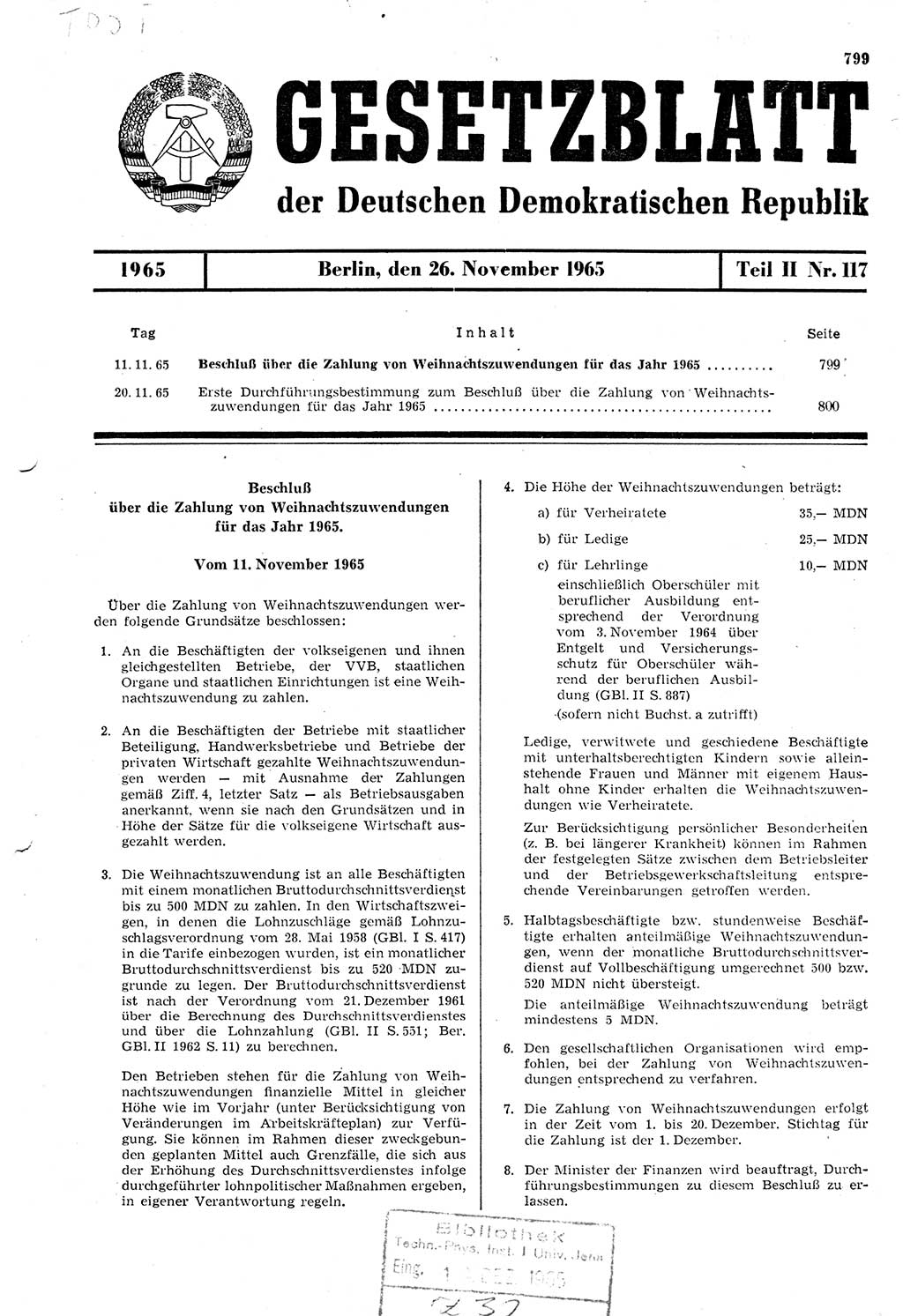 Gesetzblatt (GBl.) der Deutschen Demokratischen Republik (DDR) Teil ⅠⅠ 1965, Seite 799 (GBl. DDR ⅠⅠ 1965, S. 799)
