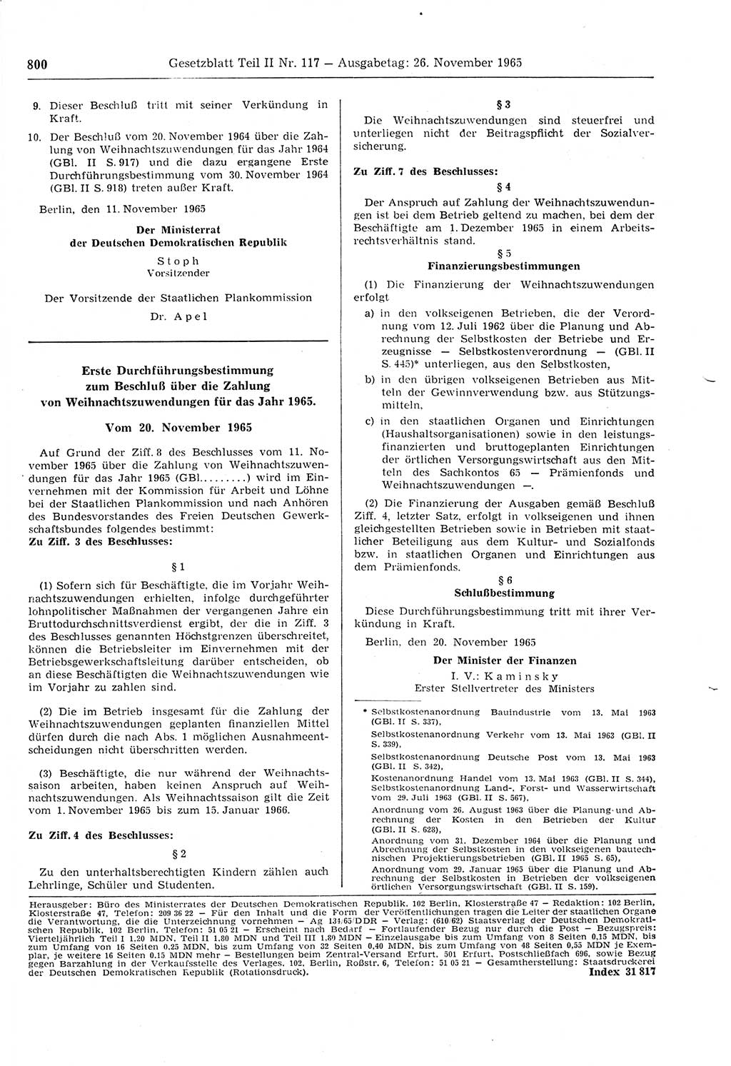 Gesetzblatt (GBl.) der Deutschen Demokratischen Republik (DDR) Teil ⅠⅠ 1965, Seite 800 (GBl. DDR ⅠⅠ 1965, S. 800)