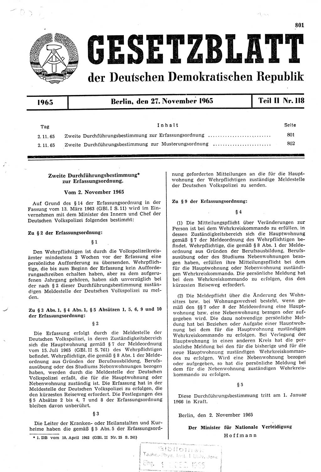 Gesetzblatt (GBl.) der Deutschen Demokratischen Republik (DDR) Teil ⅠⅠ 1965, Seite 801 (GBl. DDR ⅠⅠ 1965, S. 801)