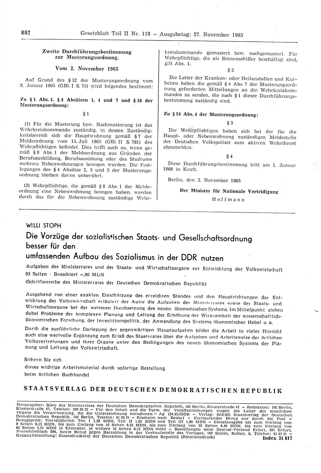 Gesetzblatt (GBl.) der Deutschen Demokratischen Republik (DDR) Teil ⅠⅠ 1965, Seite 802 (GBl. DDR ⅠⅠ 1965, S. 802)