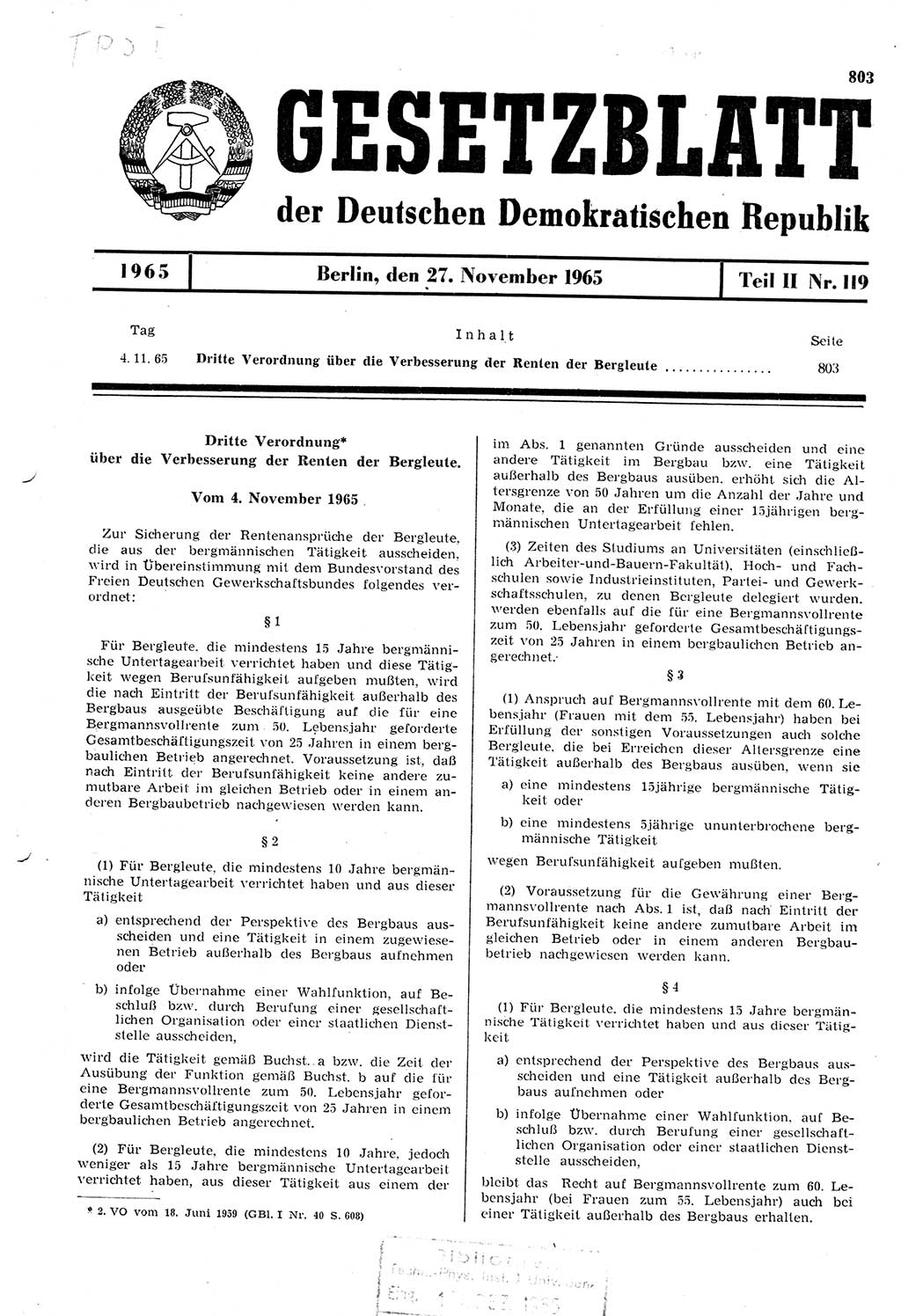 Gesetzblatt (GBl.) der Deutschen Demokratischen Republik (DDR) Teil ⅠⅠ 1965, Seite 803 (GBl. DDR ⅠⅠ 1965, S. 803)