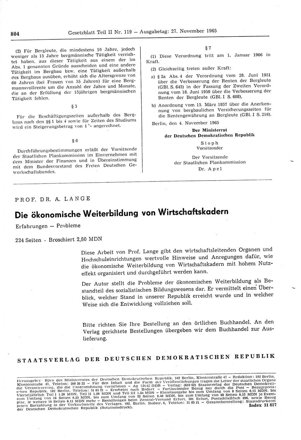 Gesetzblatt (GBl.) der Deutschen Demokratischen Republik (DDR) Teil ⅠⅠ 1965, Seite 804 (GBl. DDR ⅠⅠ 1965, S. 804)