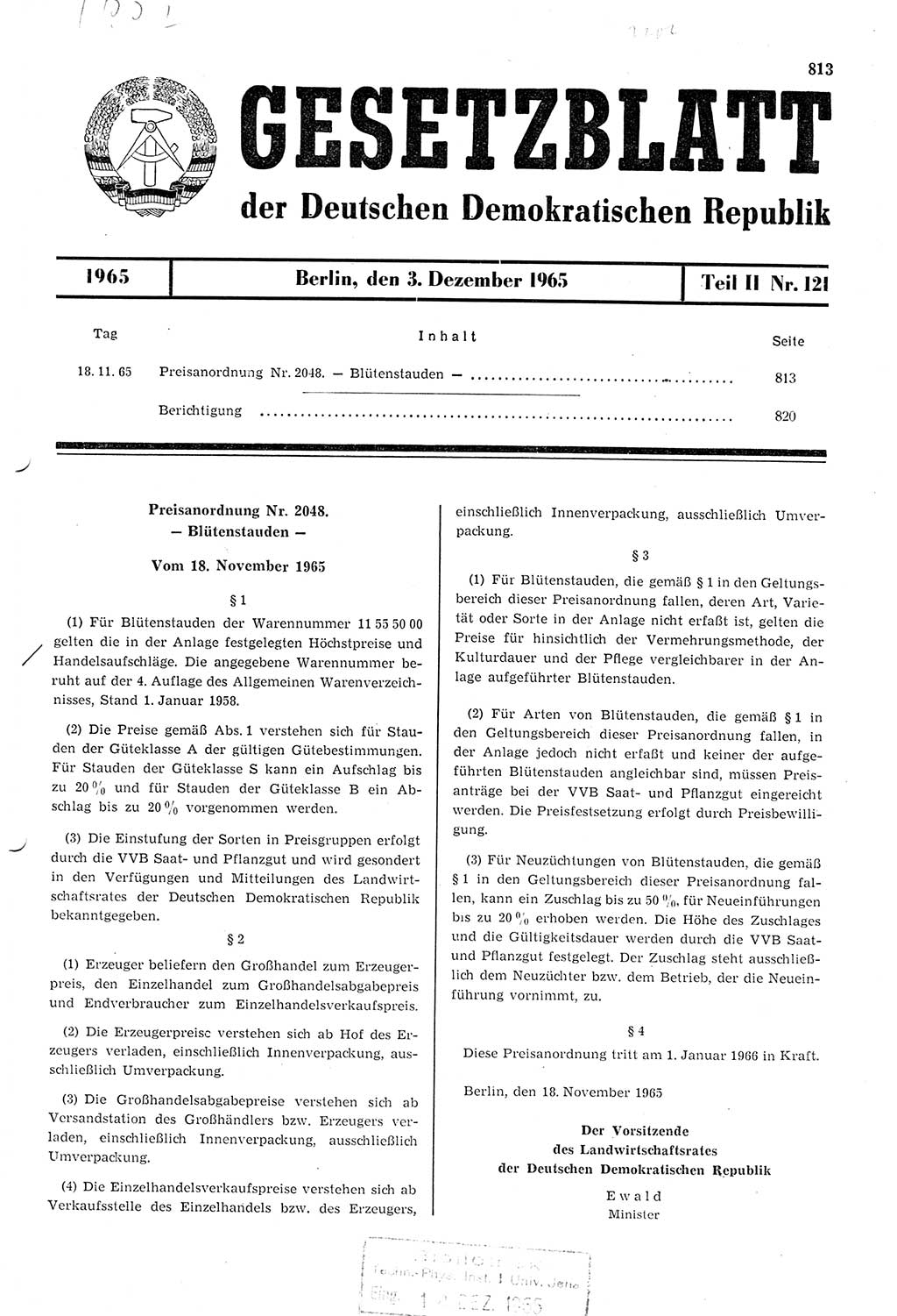 Gesetzblatt (GBl.) der Deutschen Demokratischen Republik (DDR) Teil ⅠⅠ 1965, Seite 813 (GBl. DDR ⅠⅠ 1965, S. 813)