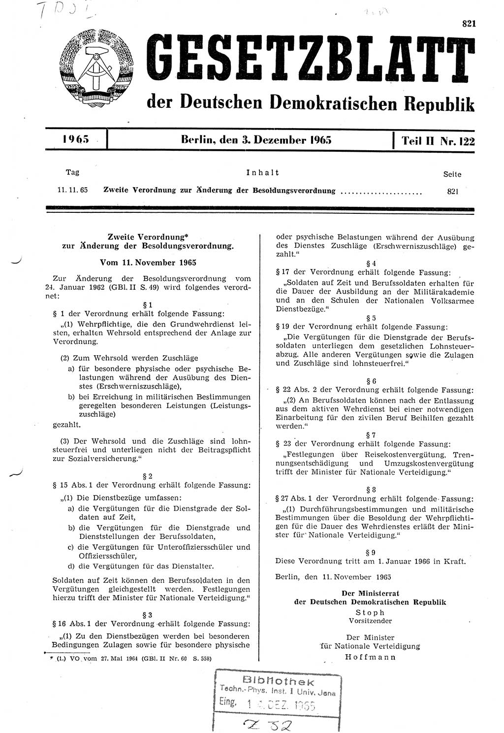 Gesetzblatt (GBl.) der Deutschen Demokratischen Republik (DDR) Teil ⅠⅠ 1965, Seite 821 (GBl. DDR ⅠⅠ 1965, S. 821)
