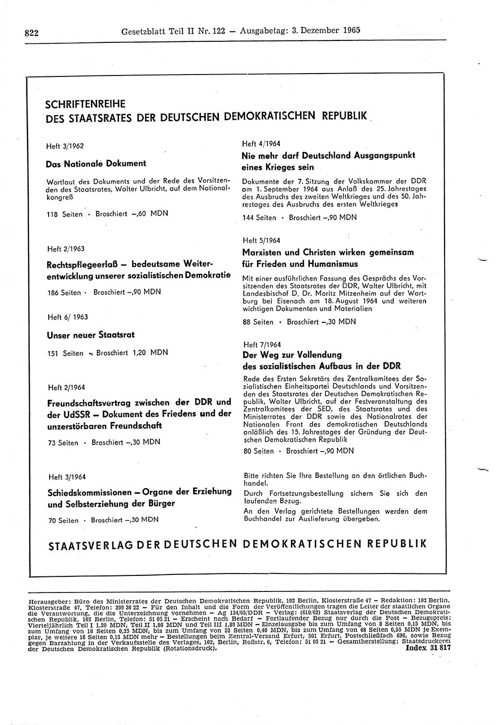 Gesetzblatt (GBl.) der Deutschen Demokratischen Republik (DDR) Teil ⅠⅠ 1965, Seite 822 (GBl. DDR ⅠⅠ 1965, S. 822)