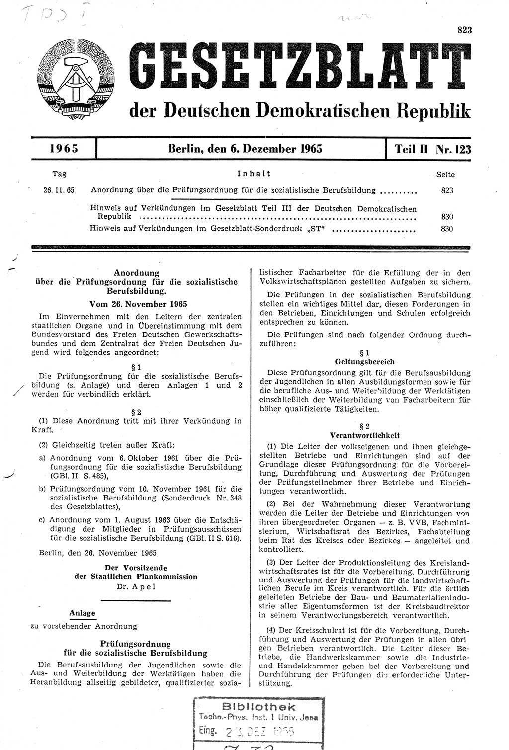 Gesetzblatt (GBl.) der Deutschen Demokratischen Republik (DDR) Teil ⅠⅠ 1965, Seite 823 (GBl. DDR ⅠⅠ 1965, S. 823)