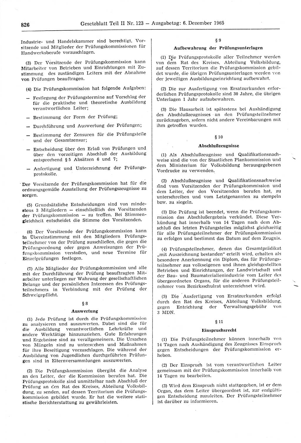 Gesetzblatt (GBl.) der Deutschen Demokratischen Republik (DDR) Teil ⅠⅠ 1965, Seite 826 (GBl. DDR ⅠⅠ 1965, S. 826)