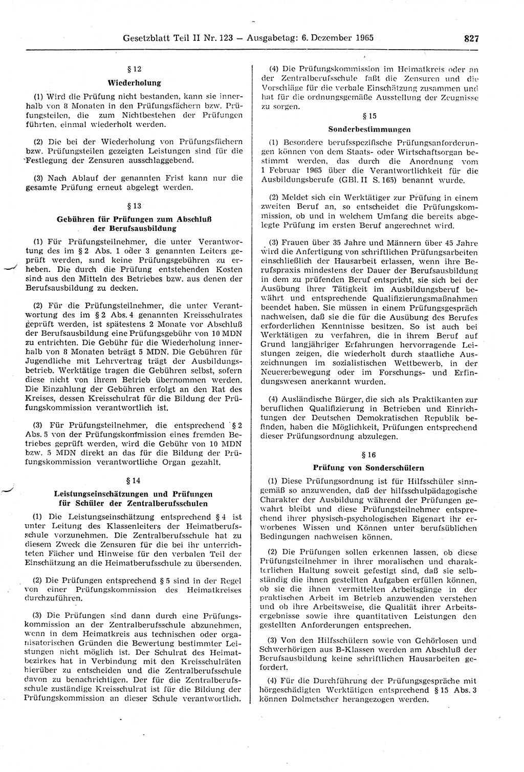 Gesetzblatt (GBl.) der Deutschen Demokratischen Republik (DDR) Teil ⅠⅠ 1965, Seite 827 (GBl. DDR ⅠⅠ 1965, S. 827)