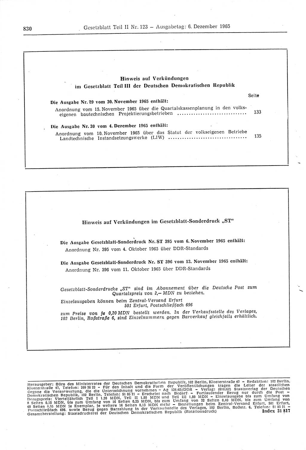 Gesetzblatt (GBl.) der Deutschen Demokratischen Republik (DDR) Teil ⅠⅠ 1965, Seite 830 (GBl. DDR ⅠⅠ 1965, S. 830)