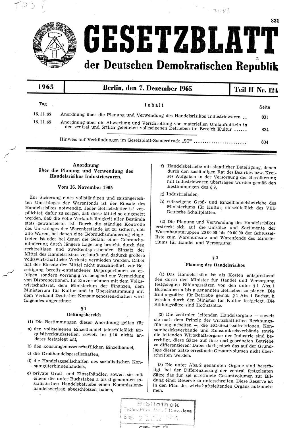 Gesetzblatt (GBl.) der Deutschen Demokratischen Republik (DDR) Teil ⅠⅠ 1965, Seite 831 (GBl. DDR ⅠⅠ 1965, S. 831)