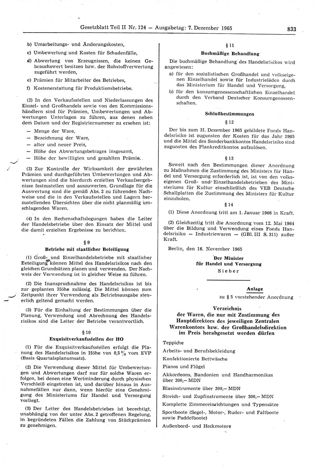 Gesetzblatt (GBl.) der Deutschen Demokratischen Republik (DDR) Teil ⅠⅠ 1965, Seite 833 (GBl. DDR ⅠⅠ 1965, S. 833)