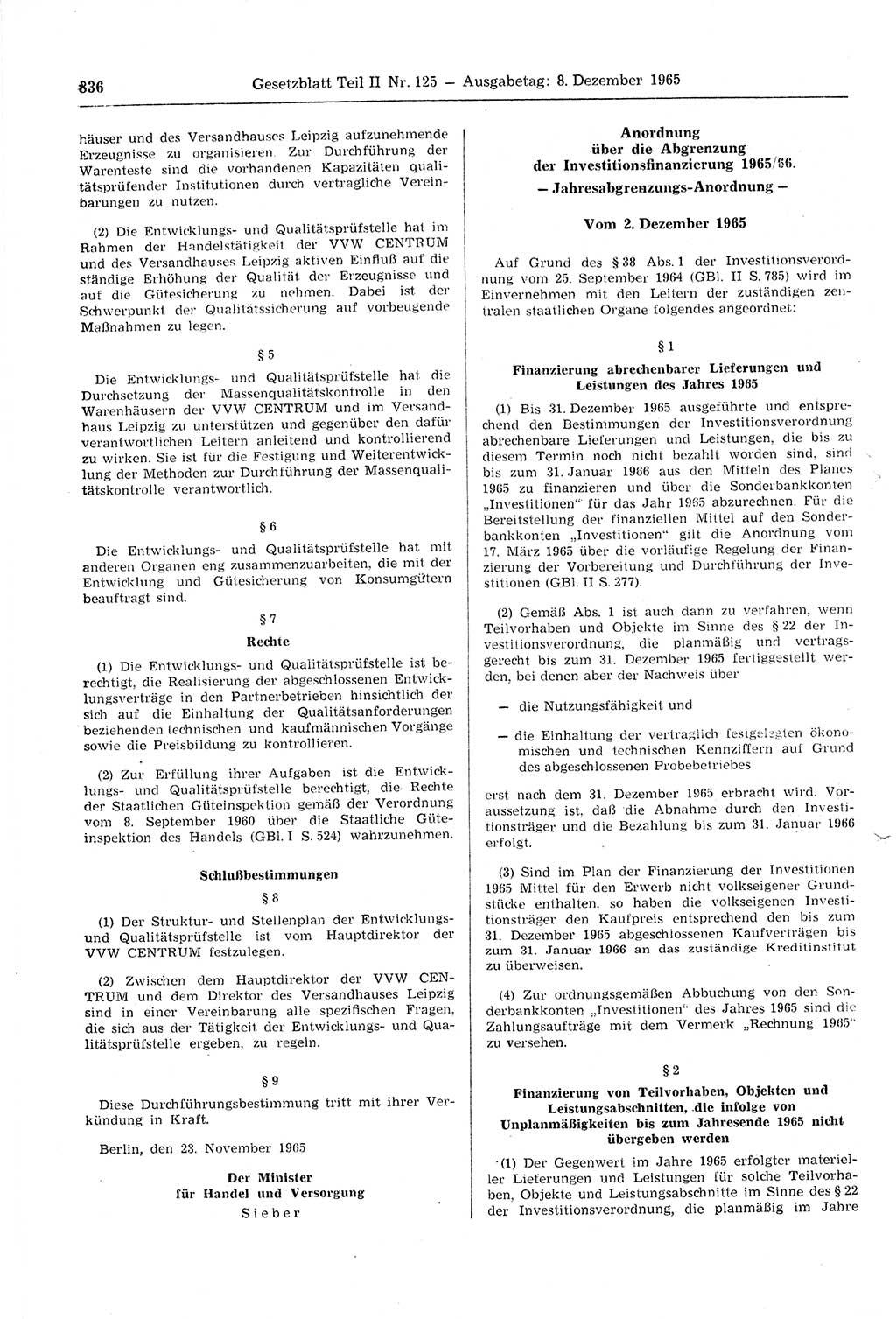 Gesetzblatt (GBl.) der Deutschen Demokratischen Republik (DDR) Teil ⅠⅠ 1965, Seite 836 (GBl. DDR ⅠⅠ 1965, S. 836)