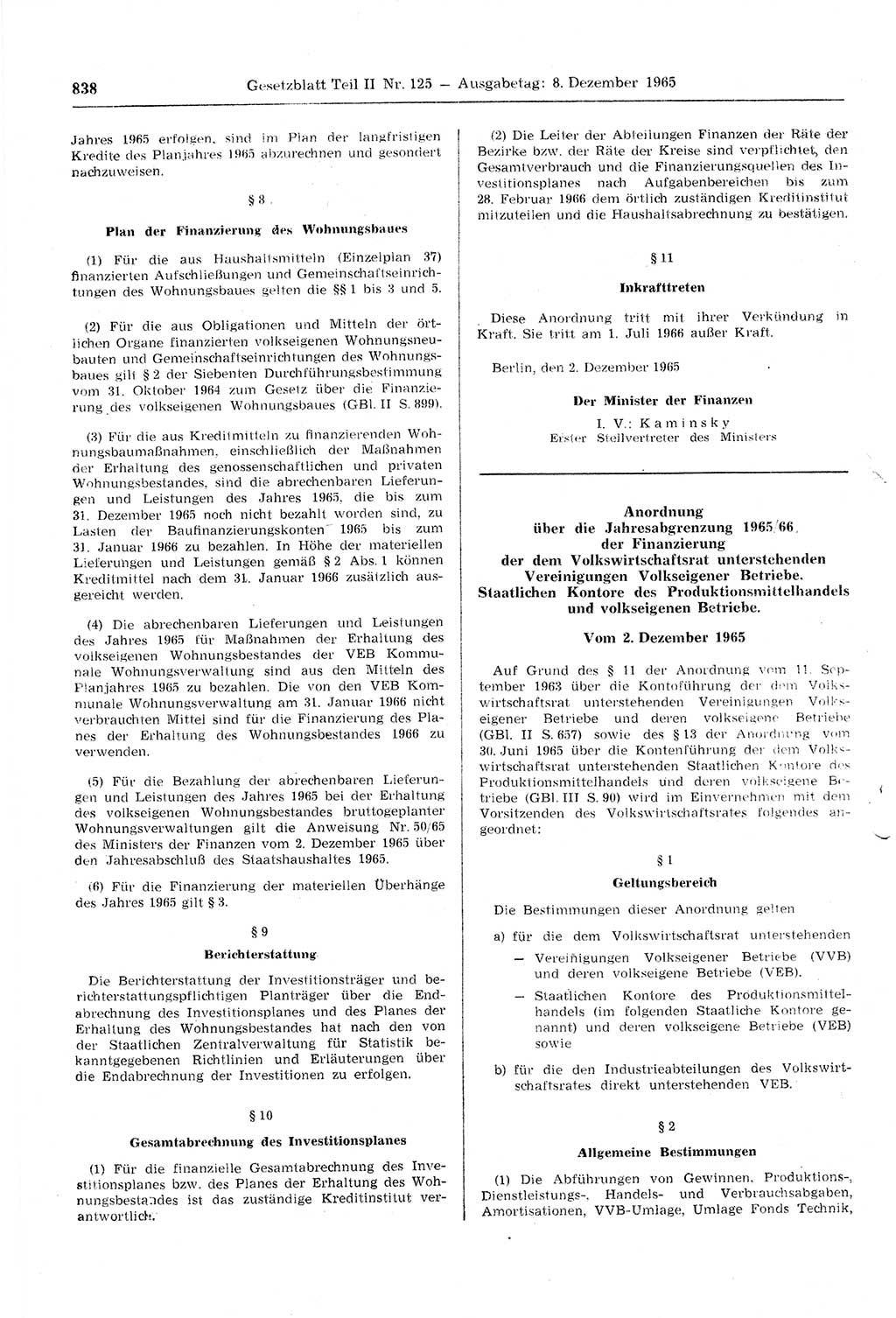 Gesetzblatt (GBl.) der Deutschen Demokratischen Republik (DDR) Teil ⅠⅠ 1965, Seite 838 (GBl. DDR ⅠⅠ 1965, S. 838)