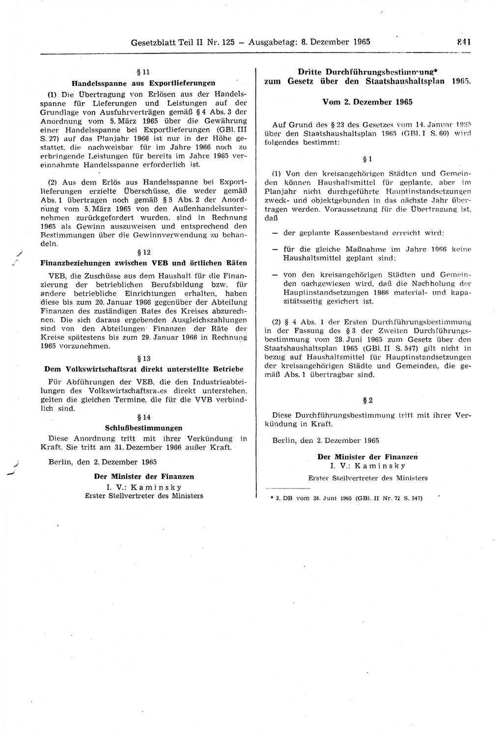 Gesetzblatt (GBl.) der Deutschen Demokratischen Republik (DDR) Teil ⅠⅠ 1965, Seite 841 (GBl. DDR ⅠⅠ 1965, S. 841)