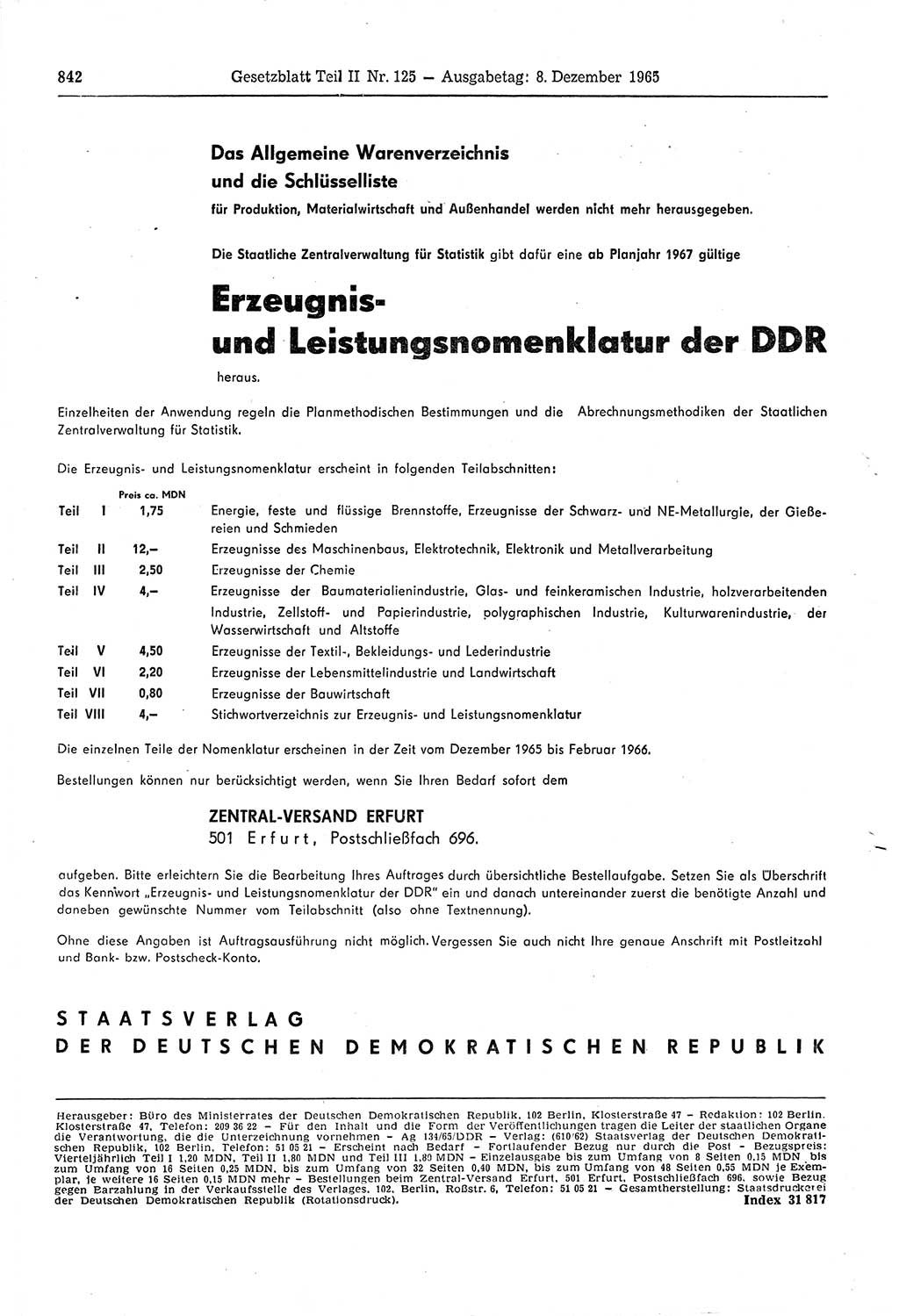 Gesetzblatt (GBl.) der Deutschen Demokratischen Republik (DDR) Teil ⅠⅠ 1965, Seite 842 (GBl. DDR ⅠⅠ 1965, S. 842)