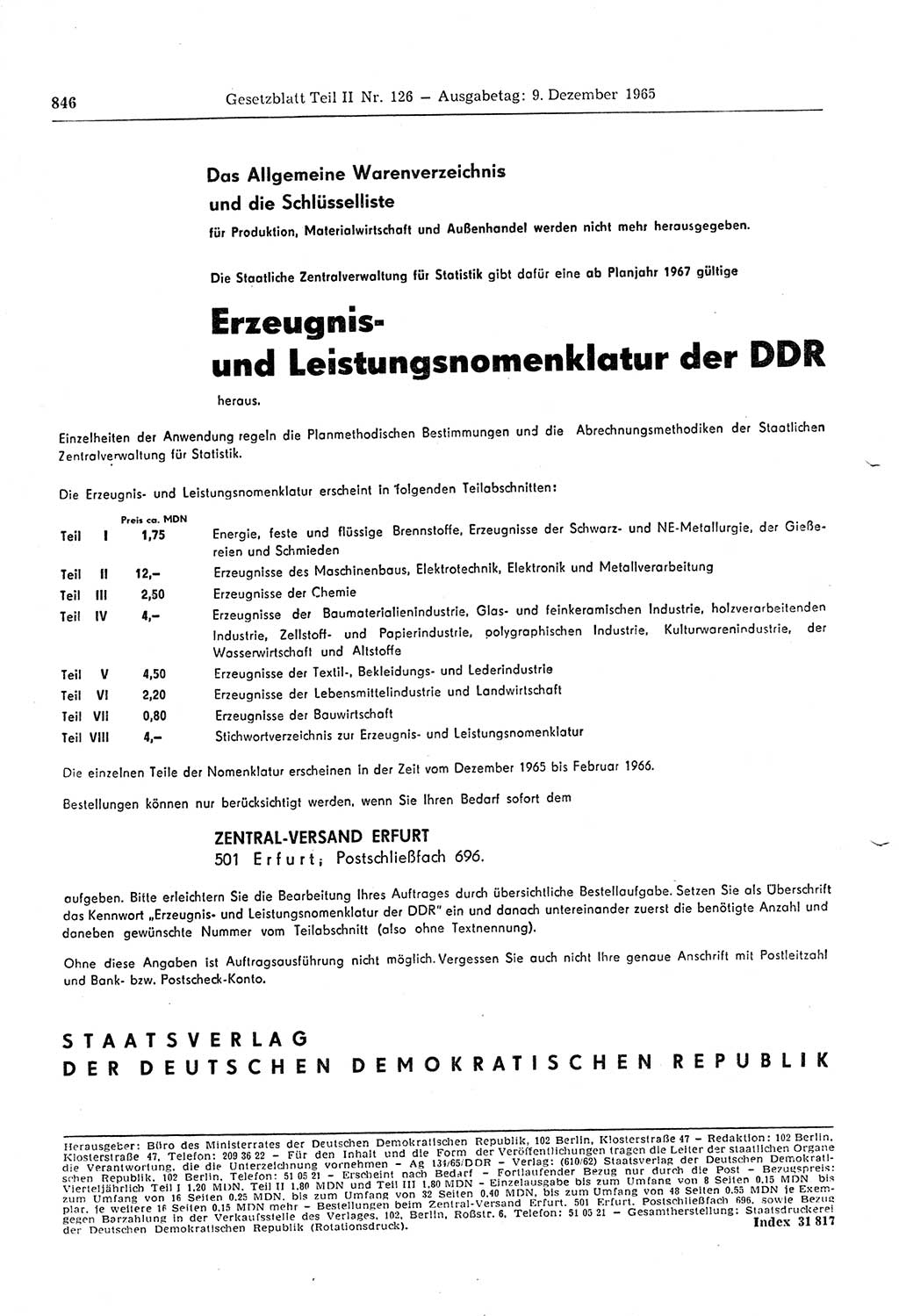 Gesetzblatt (GBl.) der Deutschen Demokratischen Republik (DDR) Teil ⅠⅠ 1965, Seite 846 (GBl. DDR ⅠⅠ 1965, S. 846)