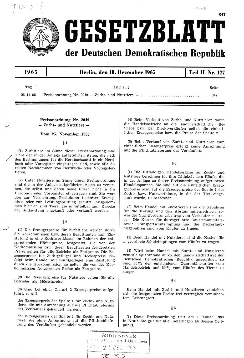 Gesetzblatt (GBl.) der Deutschen Demokratischen Republik (DDR) Teil ⅠⅠ 1965, Seite 847 (GBl. DDR ⅠⅠ 1965, S. 847)