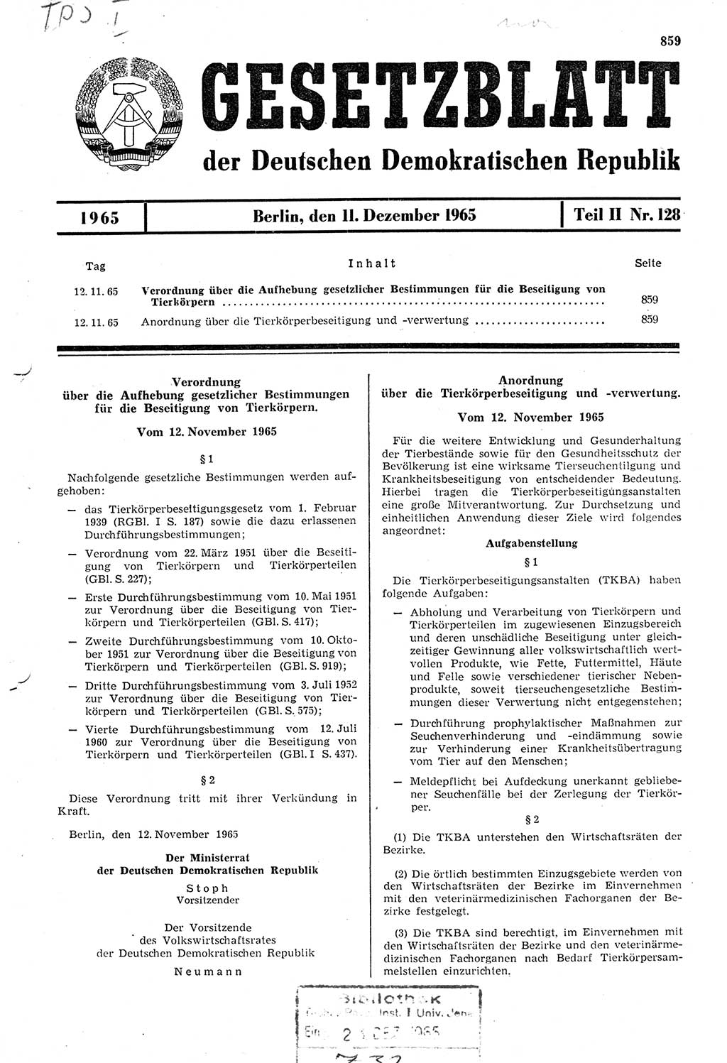 Gesetzblatt (GBl.) der Deutschen Demokratischen Republik (DDR) Teil ⅠⅠ 1965, Seite 859 (GBl. DDR ⅠⅠ 1965, S. 859)