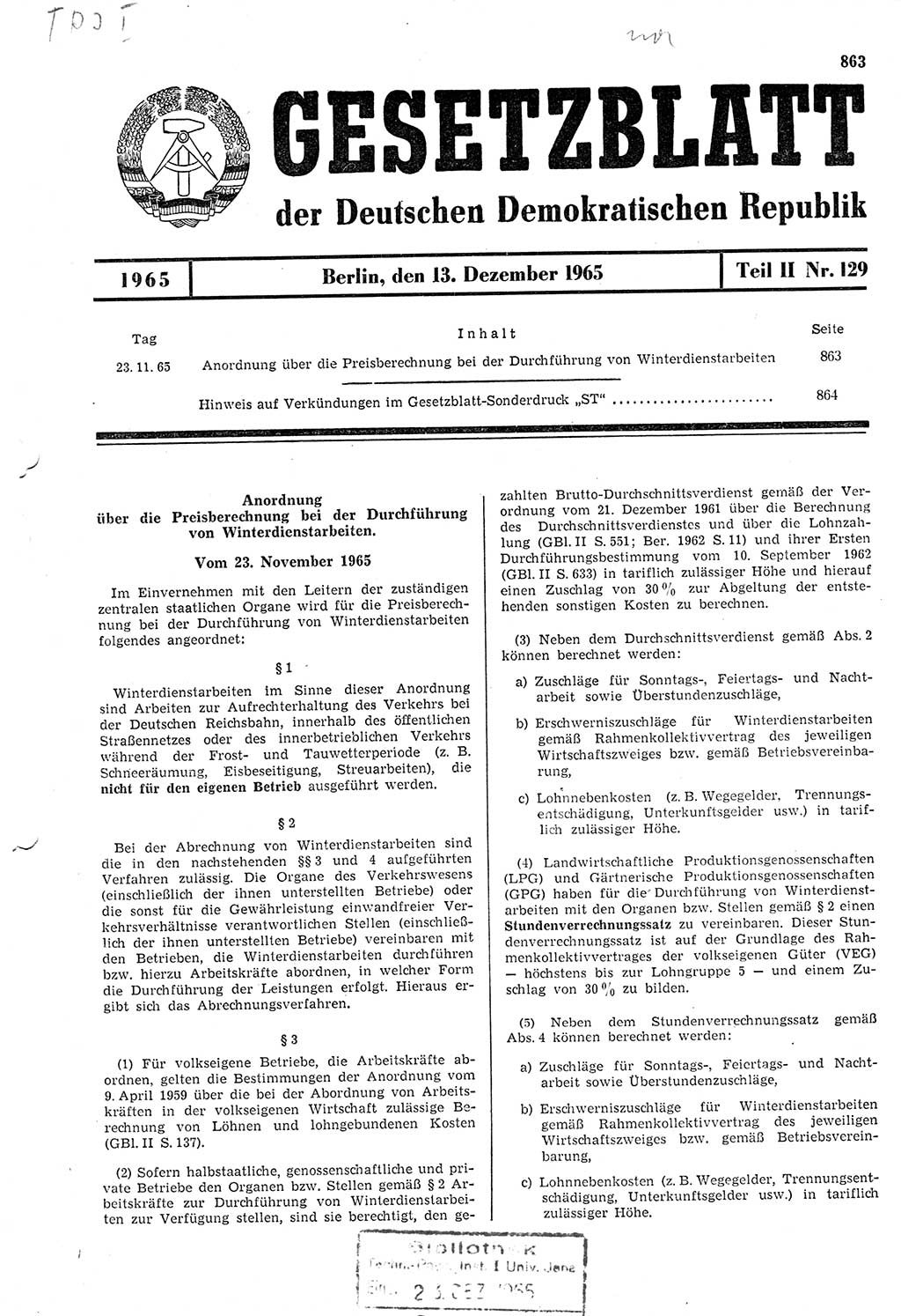 Gesetzblatt (GBl.) der Deutschen Demokratischen Republik (DDR) Teil ⅠⅠ 1965, Seite 863 (GBl. DDR ⅠⅠ 1965, S. 863)