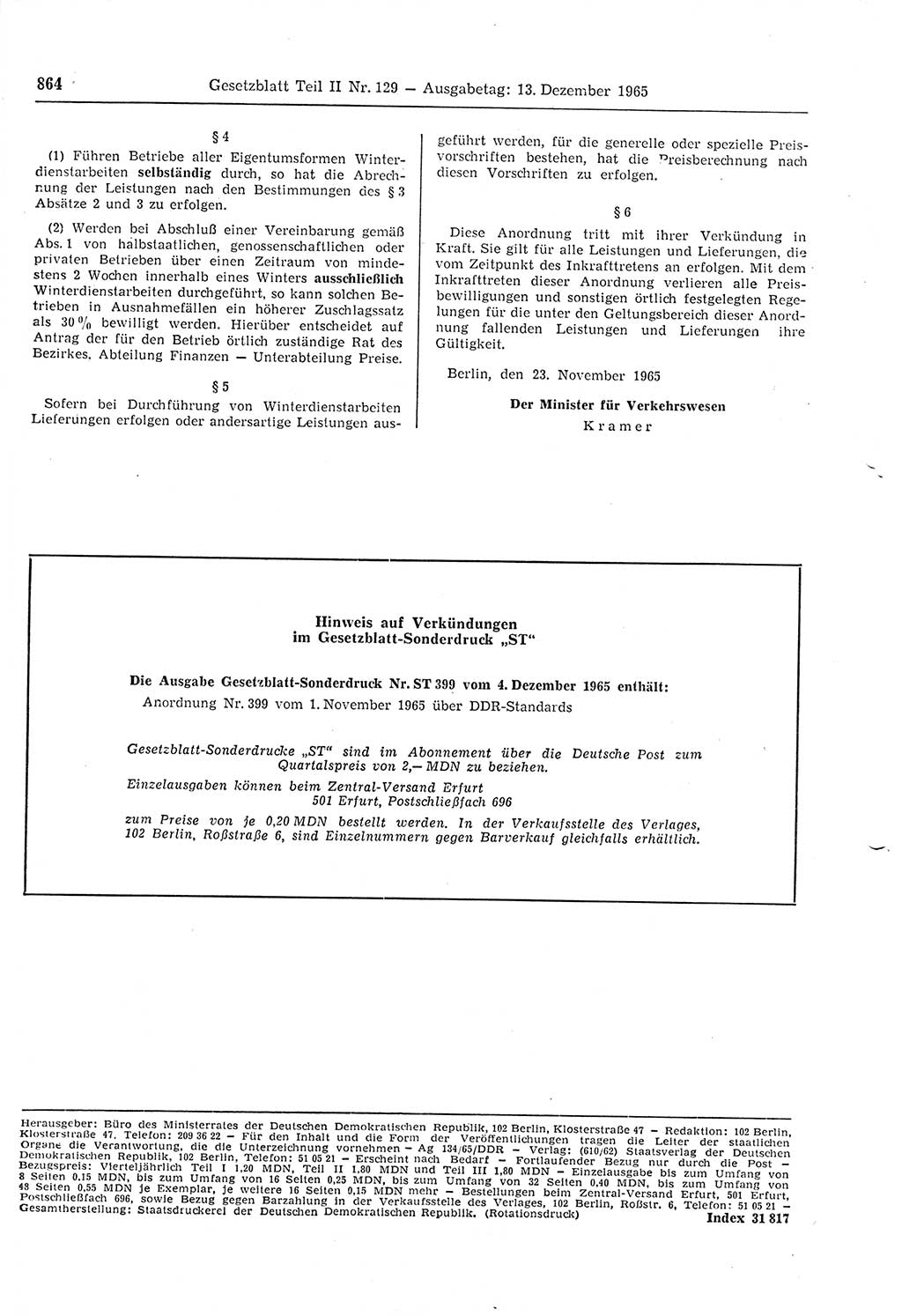 Gesetzblatt (GBl.) der Deutschen Demokratischen Republik (DDR) Teil ⅠⅠ 1965, Seite 864 (GBl. DDR ⅠⅠ 1965, S. 864)
