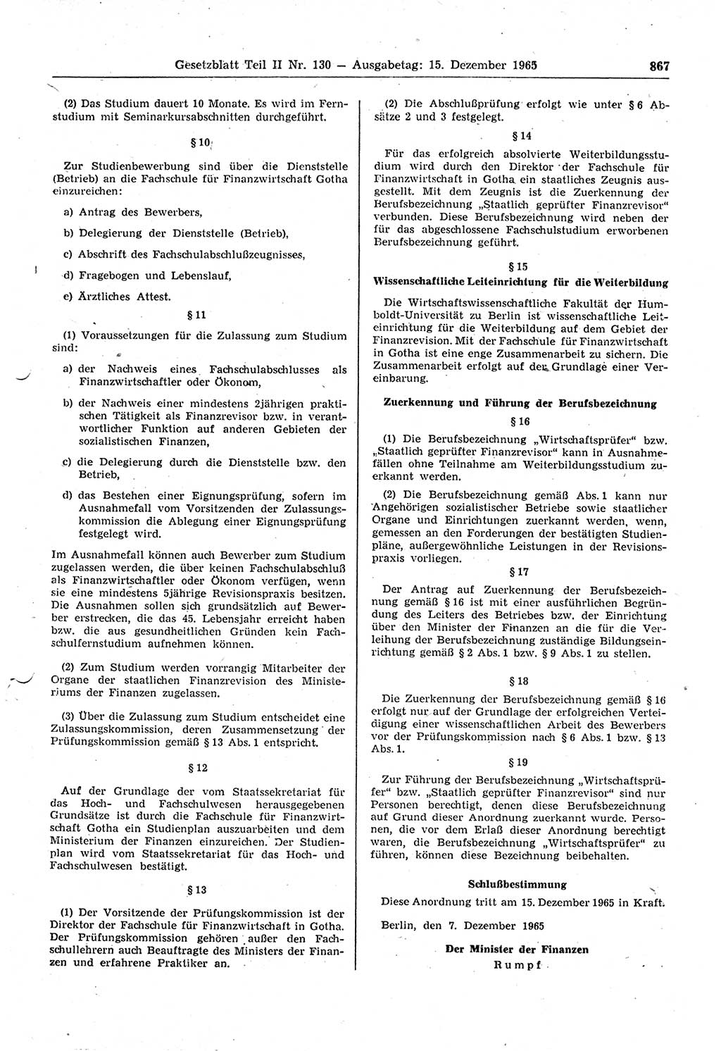 Gesetzblatt (GBl.) der Deutschen Demokratischen Republik (DDR) Teil ⅠⅠ 1965, Seite 867 (GBl. DDR ⅠⅠ 1965, S. 867)