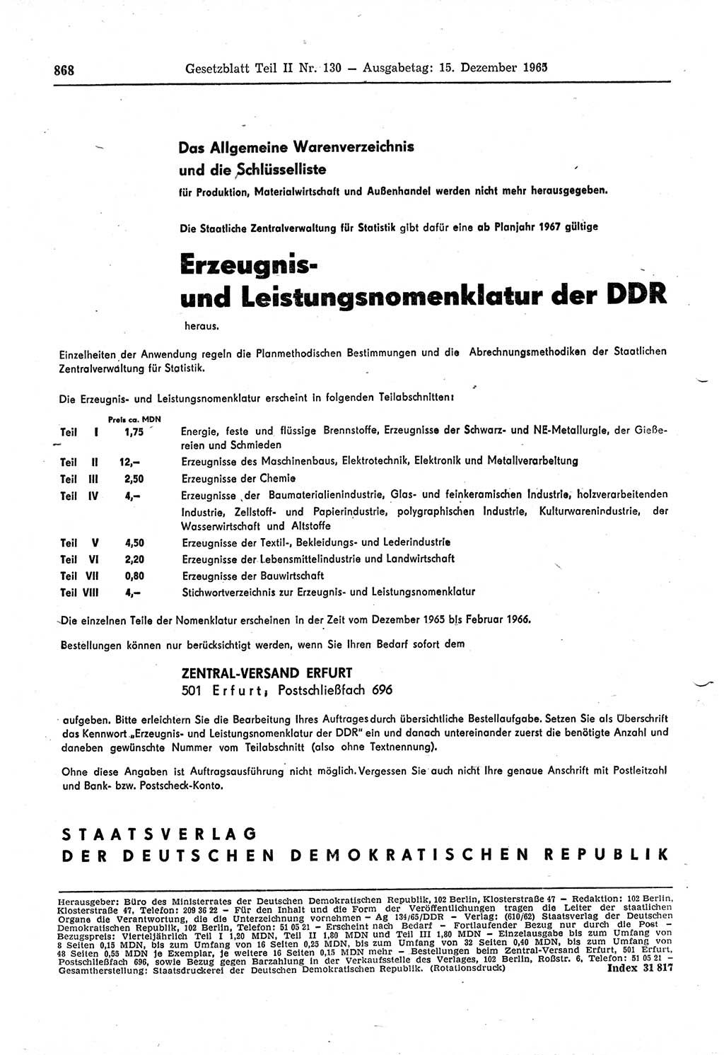 Gesetzblatt (GBl.) der Deutschen Demokratischen Republik (DDR) Teil ⅠⅠ 1965, Seite 868 (GBl. DDR ⅠⅠ 1965, S. 868)