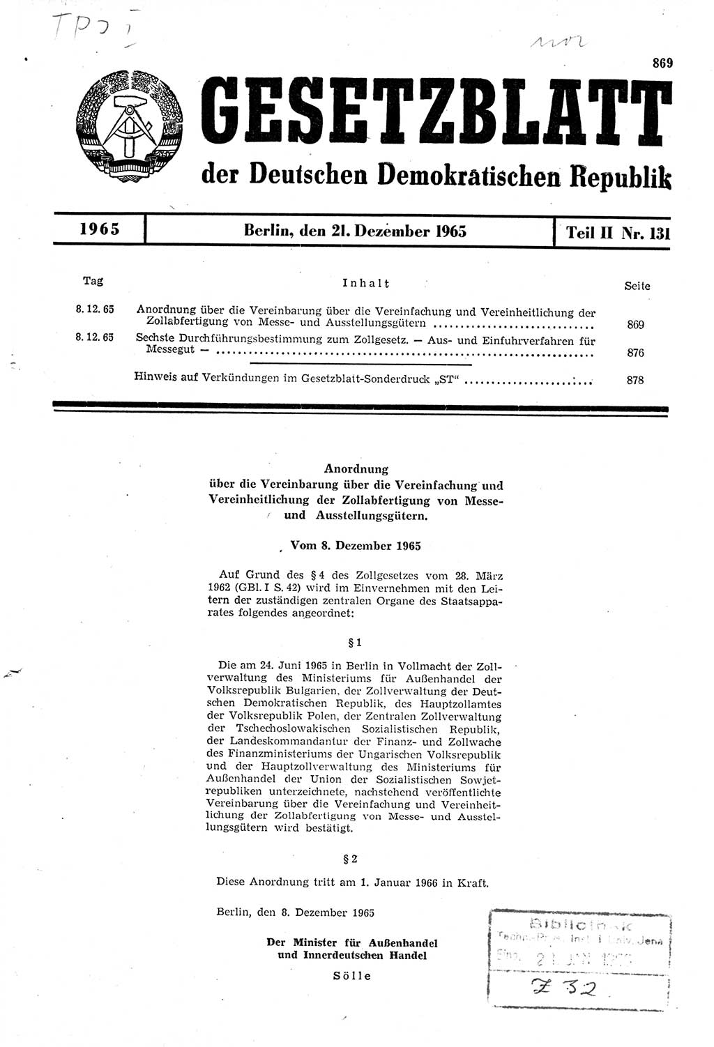 Gesetzblatt (GBl.) der Deutschen Demokratischen Republik (DDR) Teil ⅠⅠ 1965, Seite 869 (GBl. DDR ⅠⅠ 1965, S. 869)