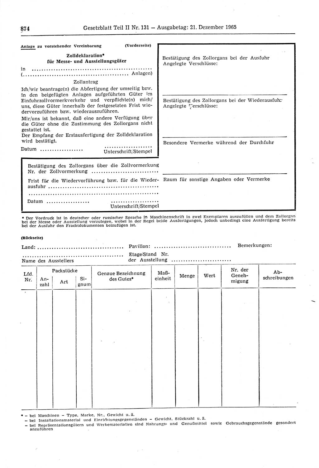 Gesetzblatt (GBl.) der Deutschen Demokratischen Republik (DDR) Teil ⅠⅠ 1965, Seite 874 (GBl. DDR ⅠⅠ 1965, S. 874)