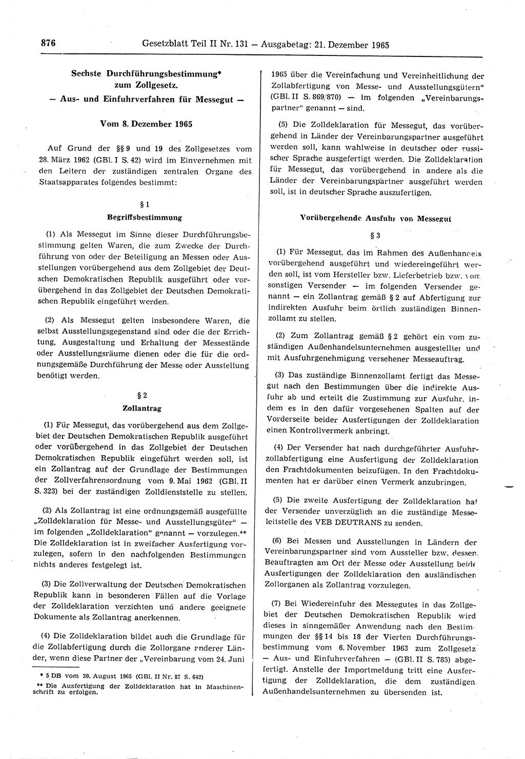 Gesetzblatt (GBl.) der Deutschen Demokratischen Republik (DDR) Teil ⅠⅠ 1965, Seite 876 (GBl. DDR ⅠⅠ 1965, S. 876)