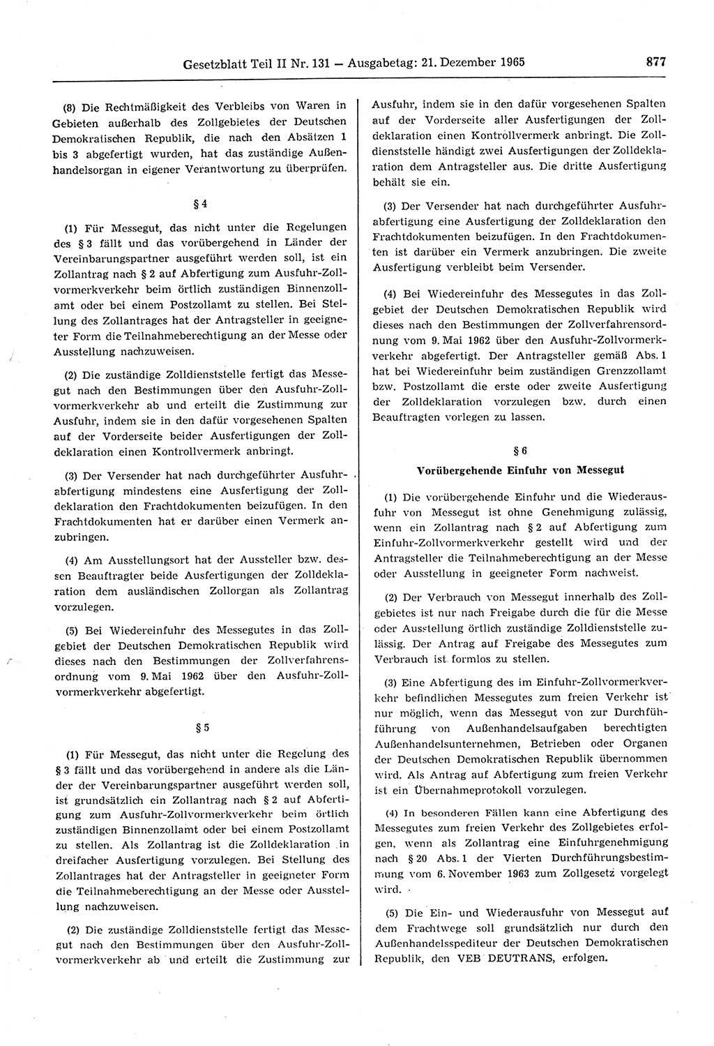 Gesetzblatt (GBl.) der Deutschen Demokratischen Republik (DDR) Teil ⅠⅠ 1965, Seite 877 (GBl. DDR ⅠⅠ 1965, S. 877)