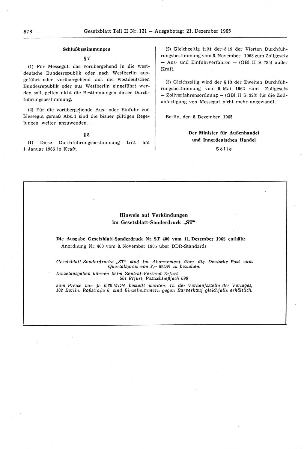 Gesetzblatt (GBl.) der Deutschen Demokratischen Republik (DDR) Teil ⅠⅠ 1965, Seite 878 (GBl. DDR ⅠⅠ 1965, S. 878)