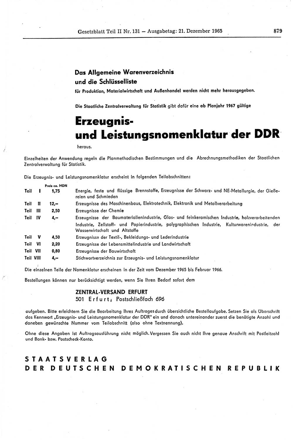 Gesetzblatt (GBl.) der Deutschen Demokratischen Republik (DDR) Teil ⅠⅠ 1965, Seite 879 (GBl. DDR ⅠⅠ 1965, S. 879)