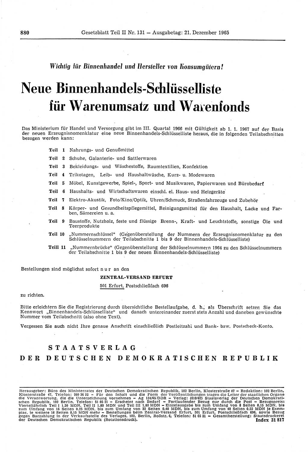 Gesetzblatt (GBl.) der Deutschen Demokratischen Republik (DDR) Teil ⅠⅠ 1965, Seite 880 (GBl. DDR ⅠⅠ 1965, S. 880)