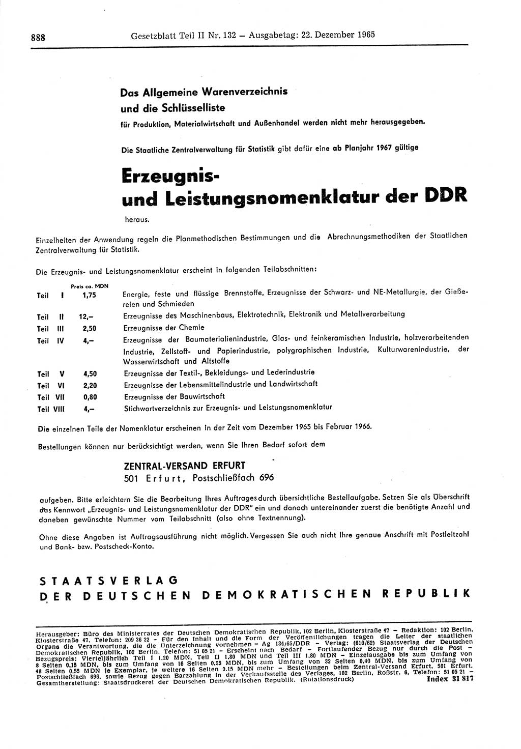 Gesetzblatt (GBl.) der Deutschen Demokratischen Republik (DDR) Teil ⅠⅠ 1965, Seite 888 (GBl. DDR ⅠⅠ 1965, S. 888)