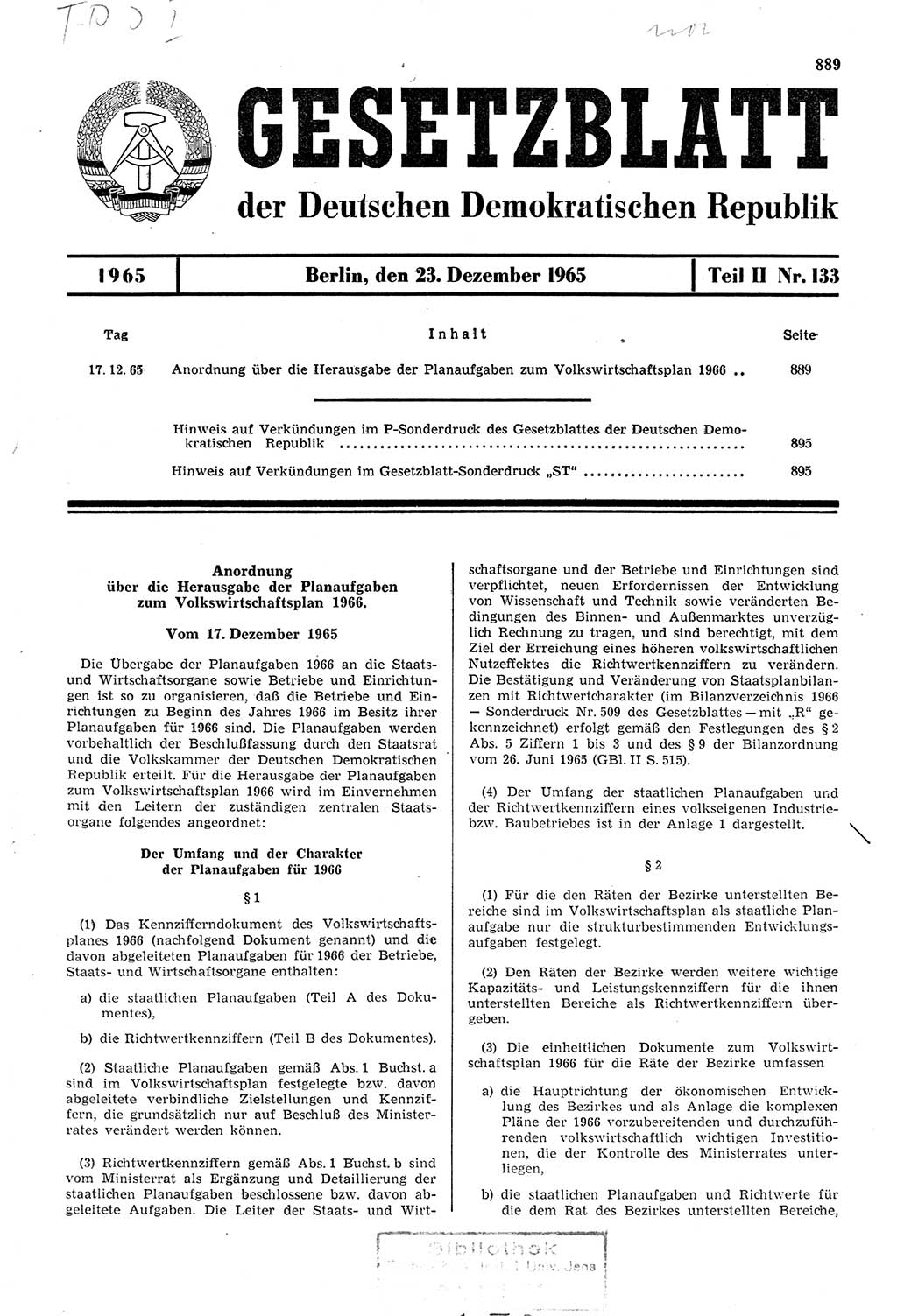 Gesetzblatt (GBl.) der Deutschen Demokratischen Republik (DDR) Teil ⅠⅠ 1965, Seite 889 (GBl. DDR ⅠⅠ 1965, S. 889)