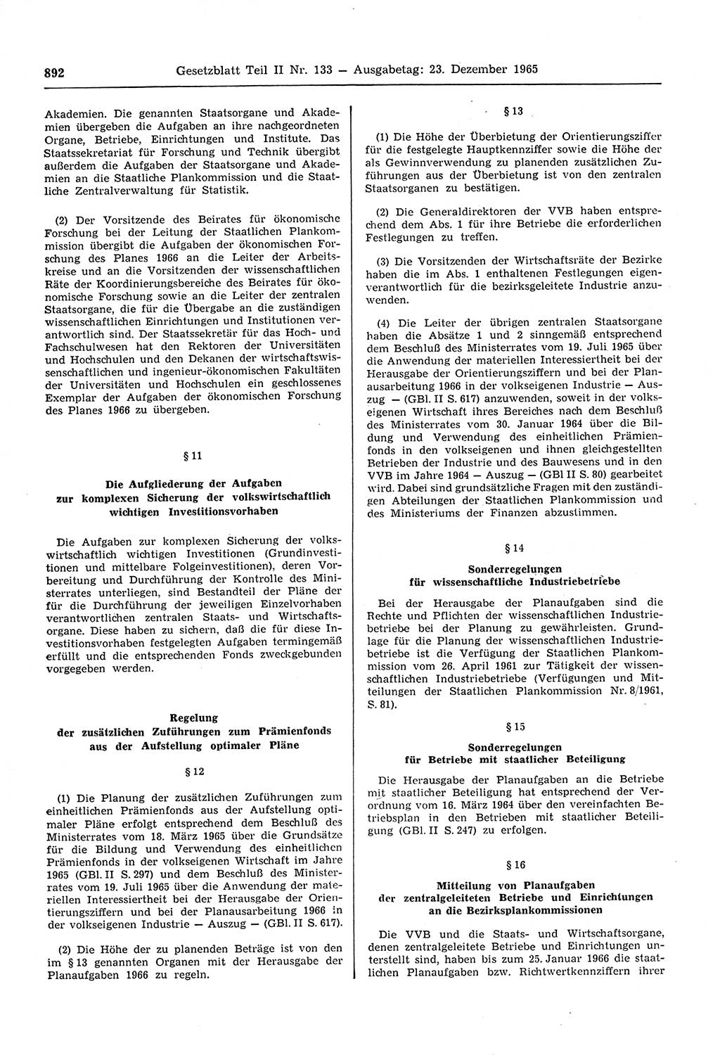 Gesetzblatt (GBl.) der Deutschen Demokratischen Republik (DDR) Teil ⅠⅠ 1965, Seite 892 (GBl. DDR ⅠⅠ 1965, S. 892)