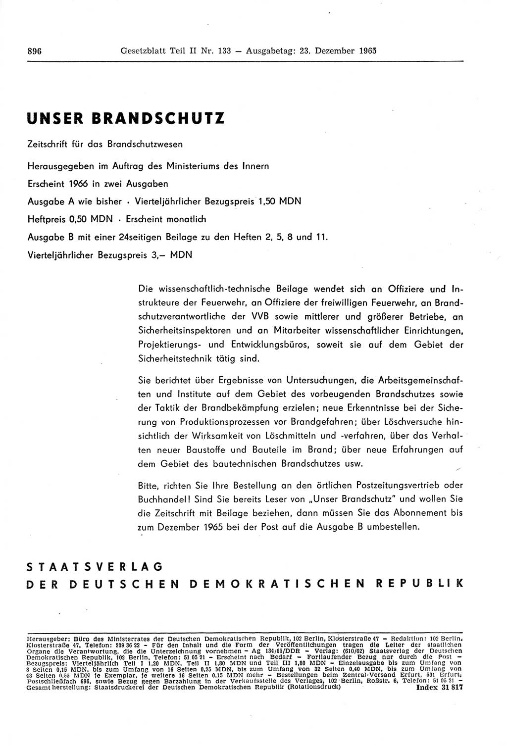 Gesetzblatt (GBl.) der Deutschen Demokratischen Republik (DDR) Teil ⅠⅠ 1965, Seite 896 (GBl. DDR ⅠⅠ 1965, S. 896)