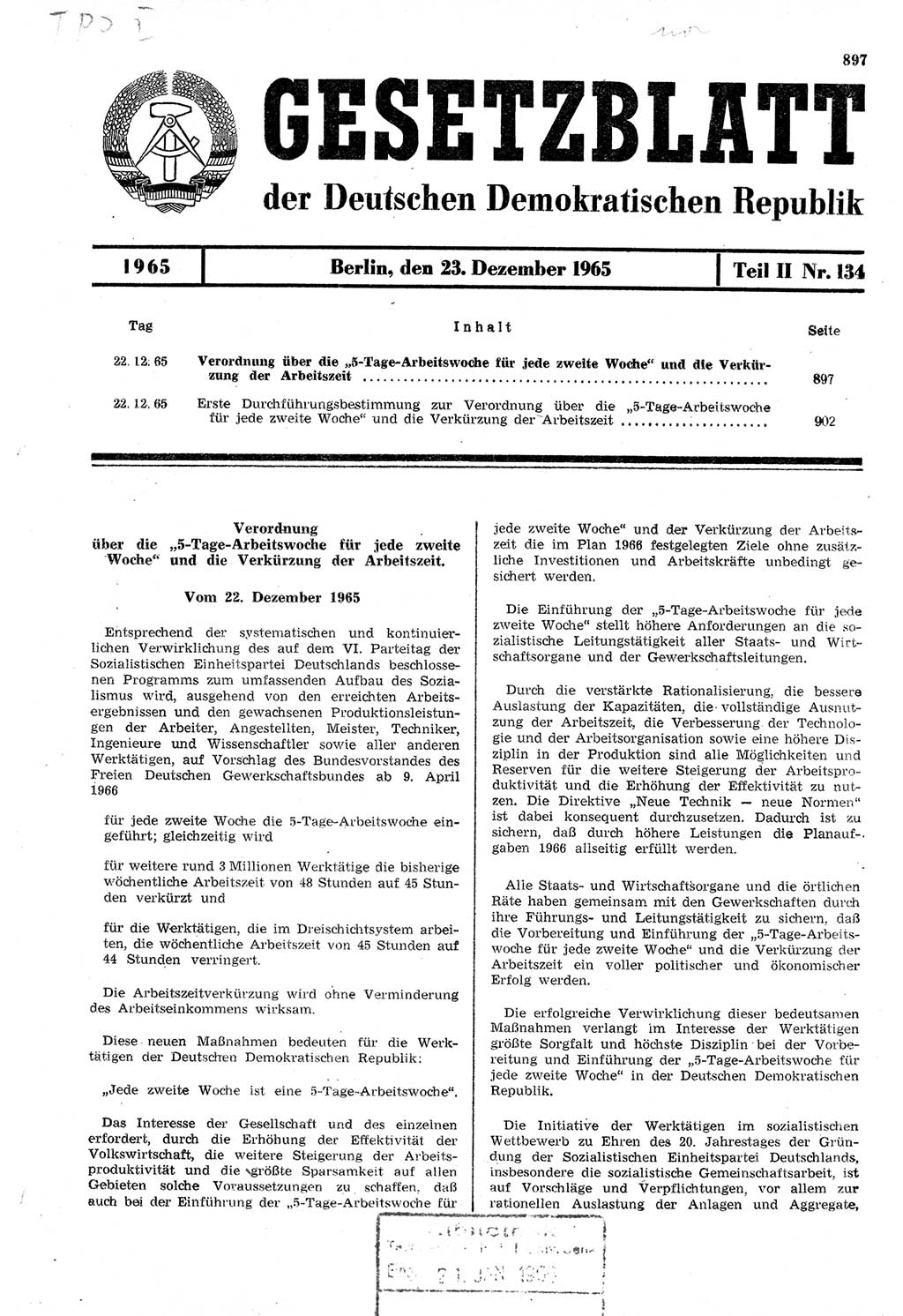 Gesetzblatt (GBl.) der Deutschen Demokratischen Republik (DDR) Teil ⅠⅠ 1965, Seite 897 (GBl. DDR ⅠⅠ 1965, S. 897)