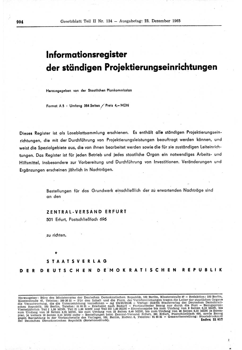 Gesetzblatt (GBl.) der Deutschen Demokratischen Republik (DDR) Teil ⅠⅠ 1965, Seite 904 (GBl. DDR ⅠⅠ 1965, S. 904)