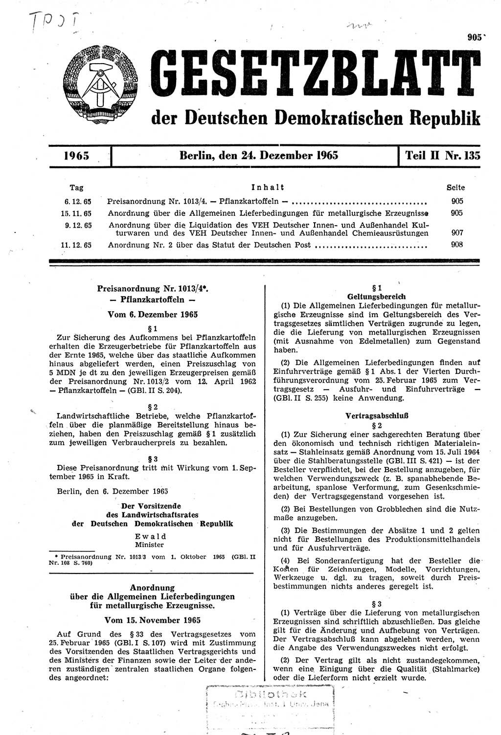 Gesetzblatt (GBl.) der Deutschen Demokratischen Republik (DDR) Teil ⅠⅠ 1965, Seite 905 (GBl. DDR ⅠⅠ 1965, S. 905)
